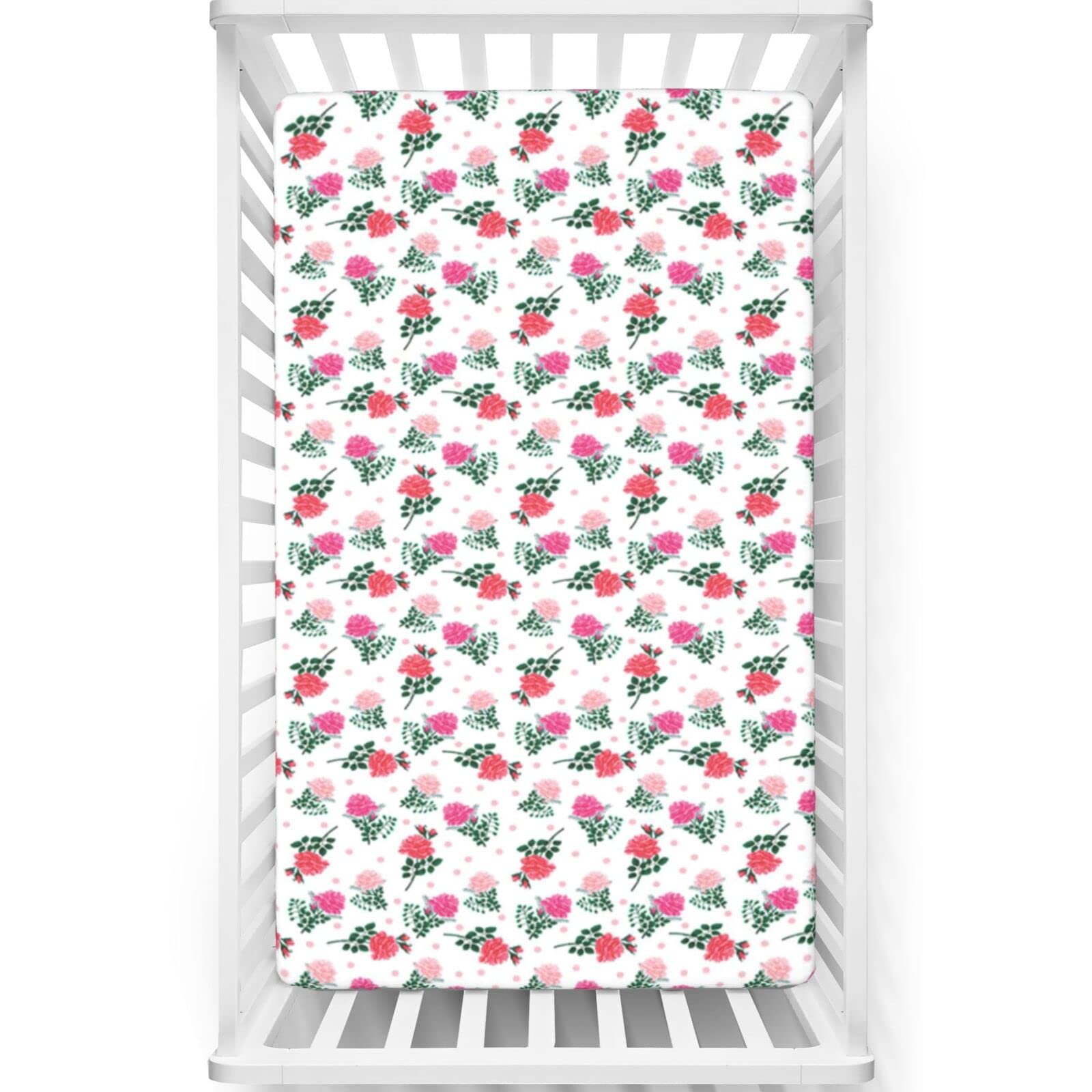 Rose Themed Fitted Mini Crib Sheets,Portable Mini Crib Sheets Soft and Breathable Bed Sheets-Great for Boy or Girl Room or Nursery,24“ x38“,Rose Dark Coral