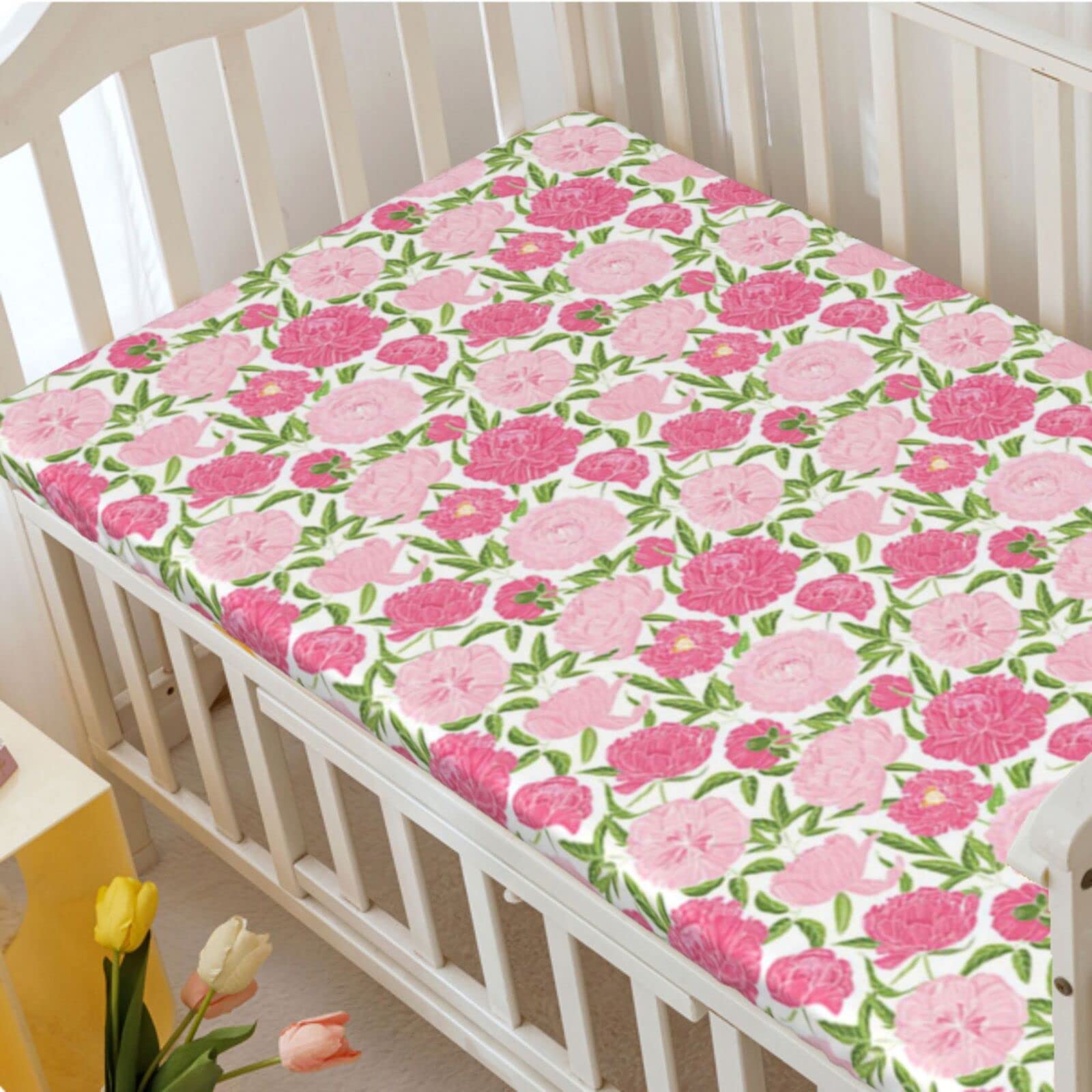 Peony Themed Fitted Crib Sheet,Standard Crib Mattress Fitted Sheet Soft and Breathable Bed Sheets-Baby Sheet for Boys Girls,28“ x52“,Pale Pink Lime Green Dried Rose Olive Green