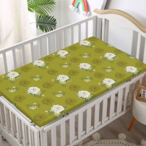 Rose Flower Themed Fitted Mini Crib Sheets,Portable Mini Crib Sheets Soft & Stretchy Fitted Crib Sheet-Crib Mattress Sheet or Toddler Bed Sheet,24“ x38“,Dark Khaki Olive Green