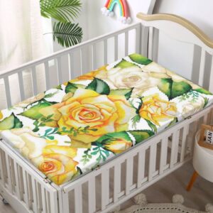 Rose Themed Fitted Mini Crib Sheets,Portable Mini Crib Sheets Soft and Breathable Bed Sheets-Crib Mattress Sheet or Toddler Bed Sheet,24“ x38“,Yellow Beige Green