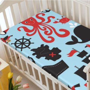 Pirate Themed Fitted Crib Sheet,Standard Crib Mattress Fitted Sheet Soft and Breathable Bed Sheets-Baby Sheet for Boys Girls,28“ x52“,Pale Blue Charcoal Grey Vermilion Sand Brown