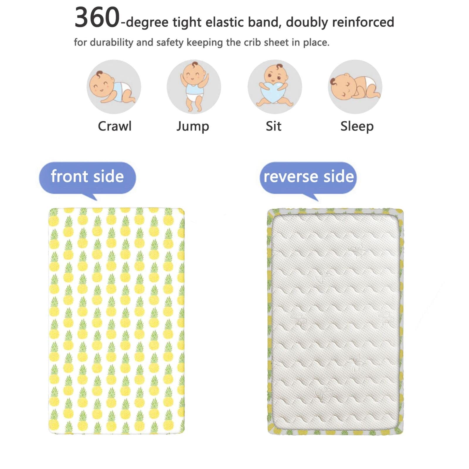 Pineapple Themed Fitted Mini Crib Sheets,Portable Mini Crib Sheets Soft & Stretchy Fitted Crib Sheet-Crib Mattress Sheet or Toddler Bed Sheet,24“ x38“,Yellow Green White