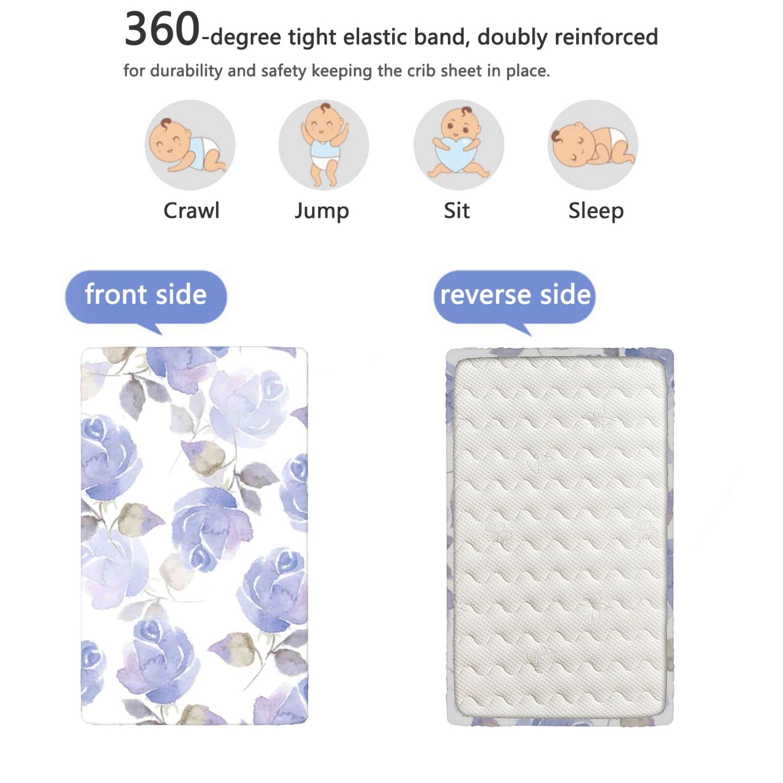 Rose Themed Fitted Mini Crib Sheets,Portable Mini Crib Sheets Soft & Stretchy Fitted Crib Sheet-Crib Mattress Sheet or Toddler Bed Sheet,24“ x38“,Blue White