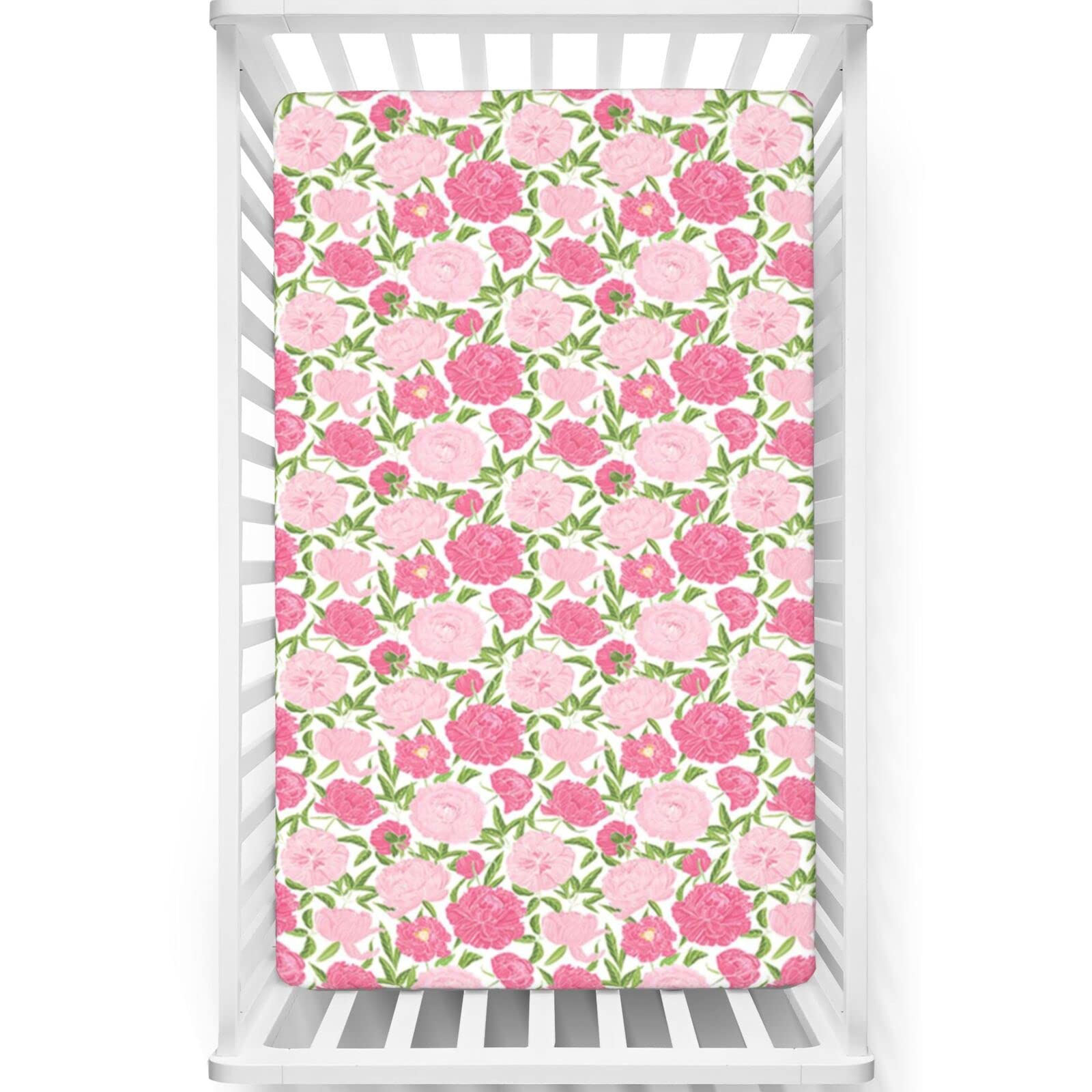 Peony Themed Fitted Crib Sheet,Standard Crib Mattress Fitted Sheet Soft and Breathable Bed Sheets-Baby Sheet for Boys Girls,28“ x52“,Pale Pink Lime Green Dried Rose Olive Green