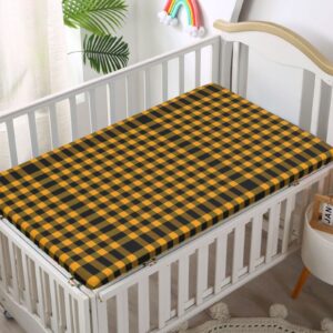 Plaid Themed Fitted Mini Crib Sheets,Portable Mini Crib Sheets Soft & Stretchy Fitted Crib Sheet-Baby Sheet for Boys Girls,24“ x38“,Black and Orange