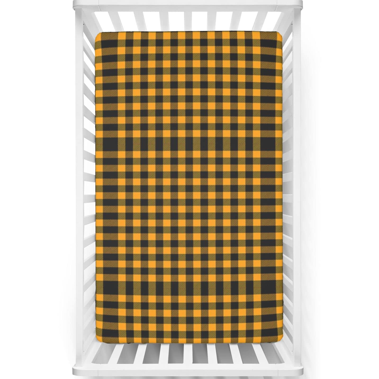 Plaid Themed Fitted Mini Crib Sheets,Portable Mini Crib Sheets Soft & Stretchy Fitted Crib Sheet-Baby Sheet for Boys Girls,24“ x38“,Black and Orange