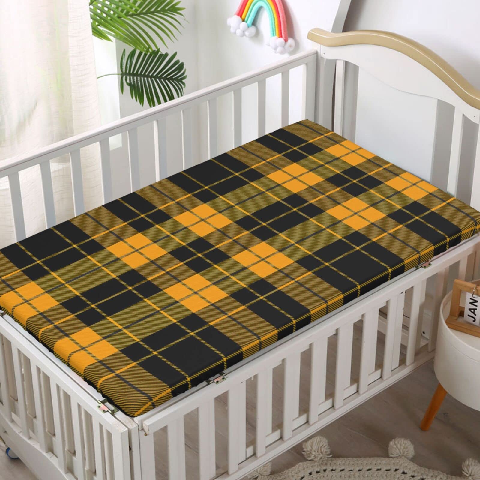 Plaid Themed Fitted Mini Crib Sheets,Portable Mini Crib Sheets Soft Toddler Mattress Sheet Fitted-Baby Crib Sheets for Girl or Boy,24“ x38“,Black and Orange