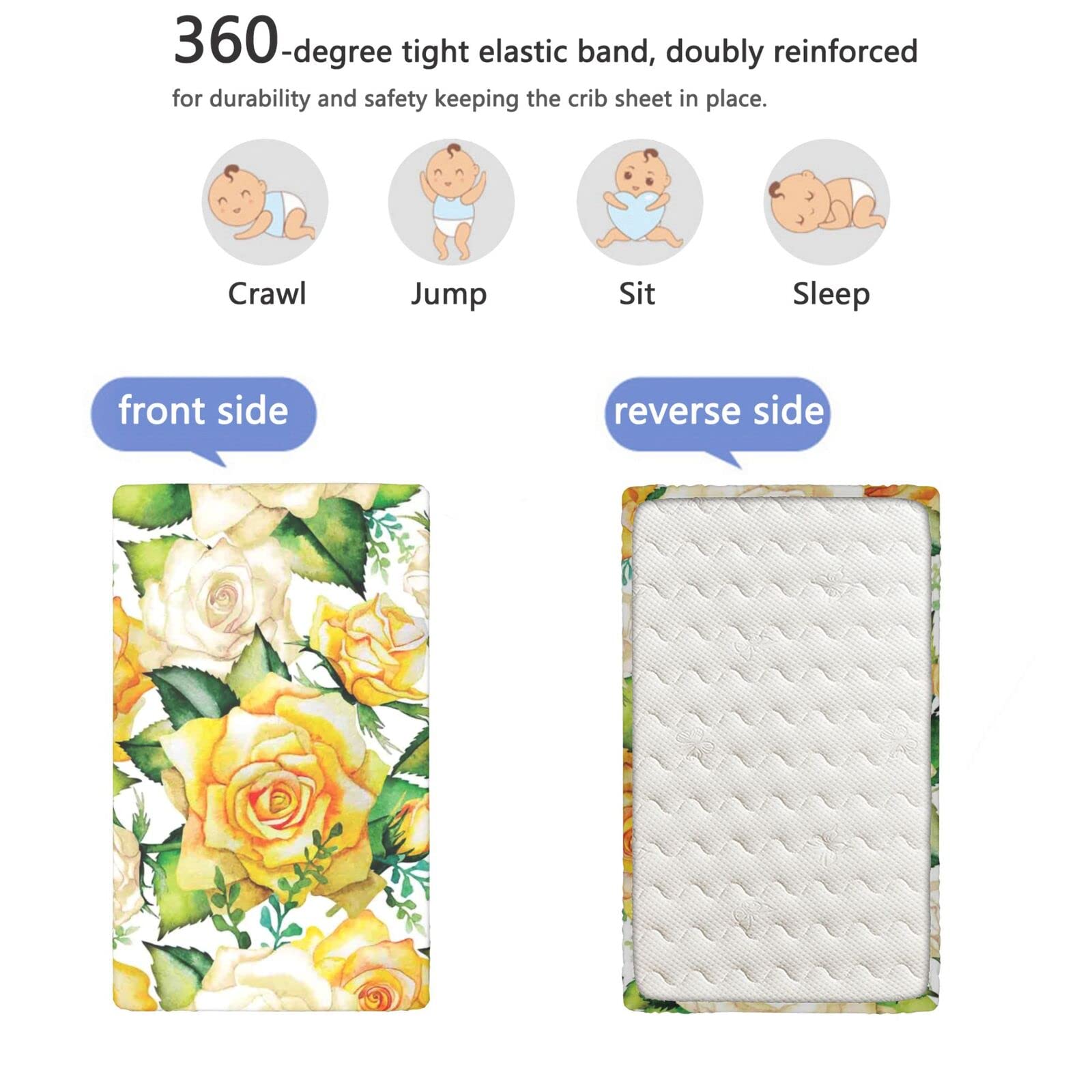 Rose Themed Fitted Mini Crib Sheets,Portable Mini Crib Sheets Soft and Breathable Bed Sheets-Crib Mattress Sheet or Toddler Bed Sheet,24“ x38“,Yellow Beige Green