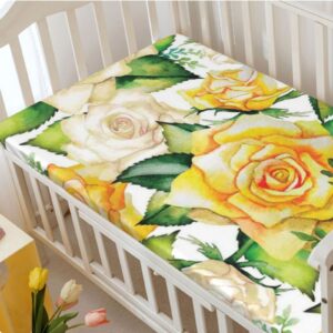 Rose Themed Fitted Mini Crib Sheets,Portable Mini Crib Sheets Soft and Breathable Bed Sheets-Crib Mattress Sheet or Toddler Bed Sheet,24“ x38“,Yellow Beige Green