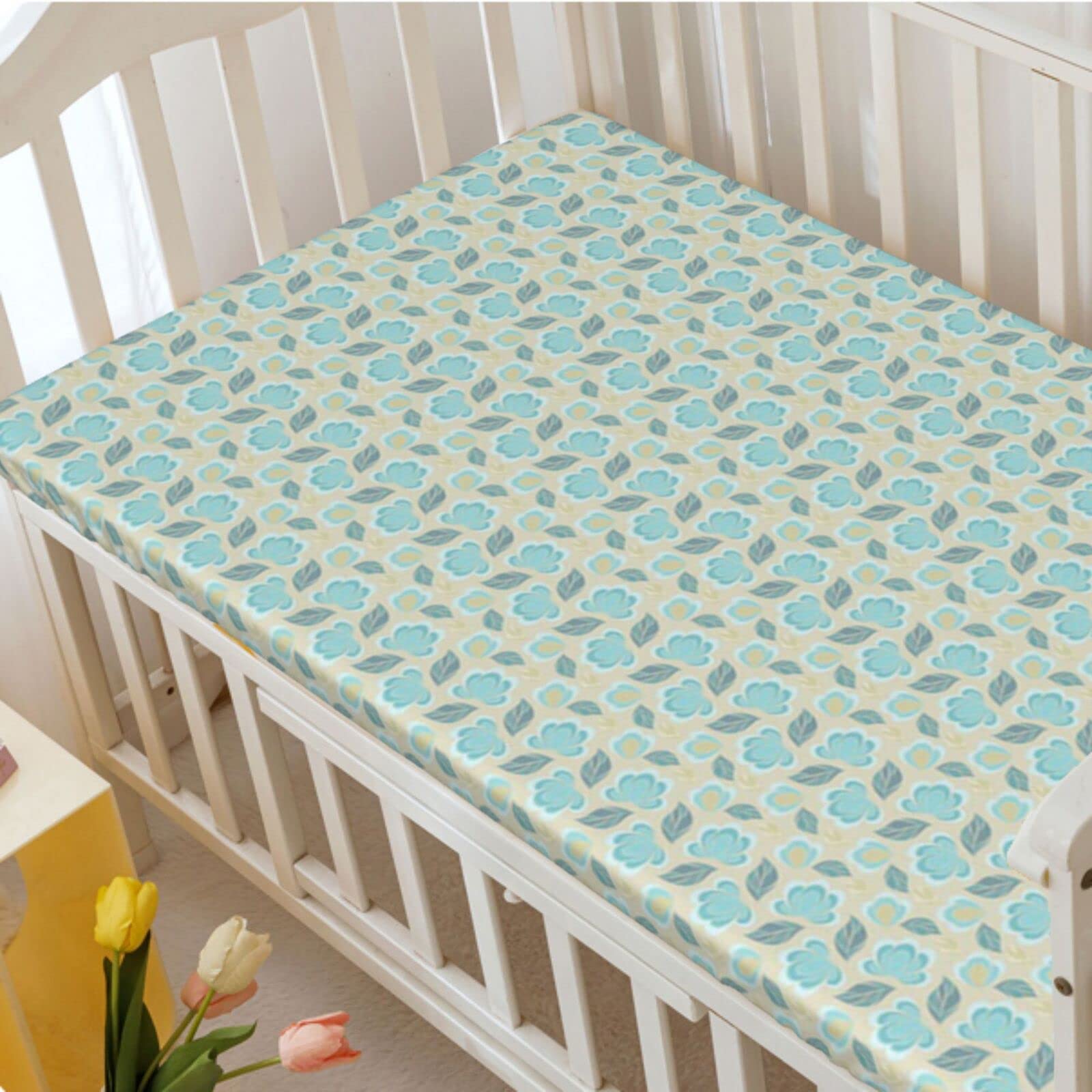 Pastel Themed Fitted Crib Sheet,Standard Crib Mattress Fitted Sheet Ultra Soft Material-Baby Sheet for Boys Girls,28“ x52“,Pale Tan Blue Grey