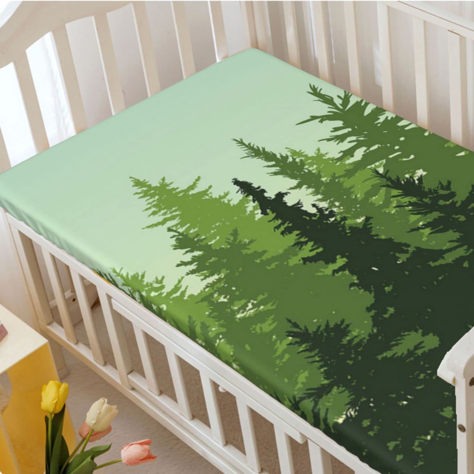 Pine Tree Themed Fitted Mini Crib Sheets,Portable Mini Crib Sheets Soft & Stretchy Fitted Crib Sheet-Great for Boy or Girl Room or Nursery,24“ x38“,Forest Green Mint Green