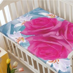 Rose Themed Fitted Crib Sheet,Standard Crib Mattress Fitted Sheet Soft & Stretchy Fitted Crib Sheet-Baby Crib Sheets for Girl or Boy,28“ x52“,Fuchsia Blue