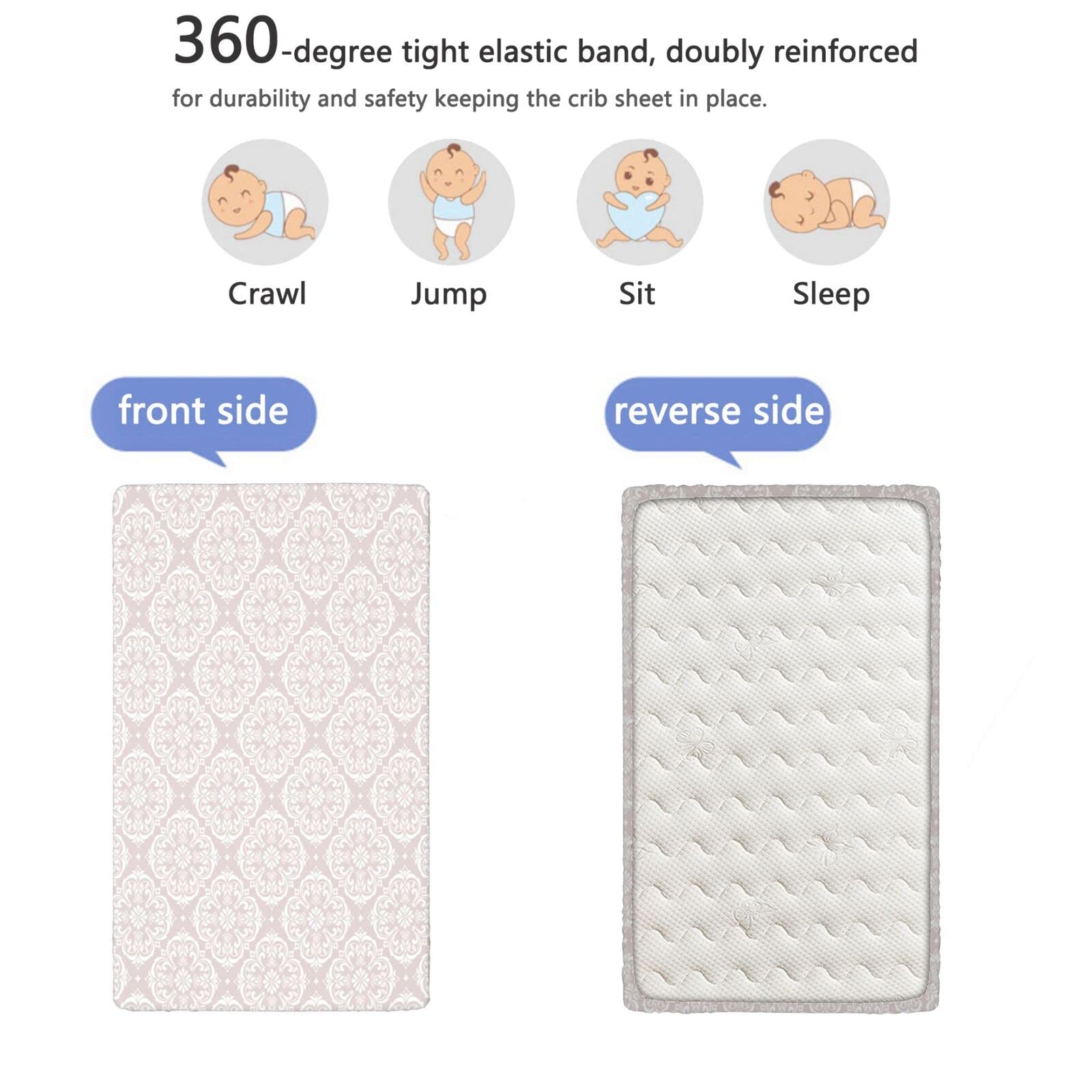 Pastel Themed Fitted Mini Crib Sheets,Portable Mini Crib Sheets Soft & Stretchy Fitted Crib Sheet-Crib Mattress Sheet or Toddler Bed Sheet,24“ x38“,Pale Rose White