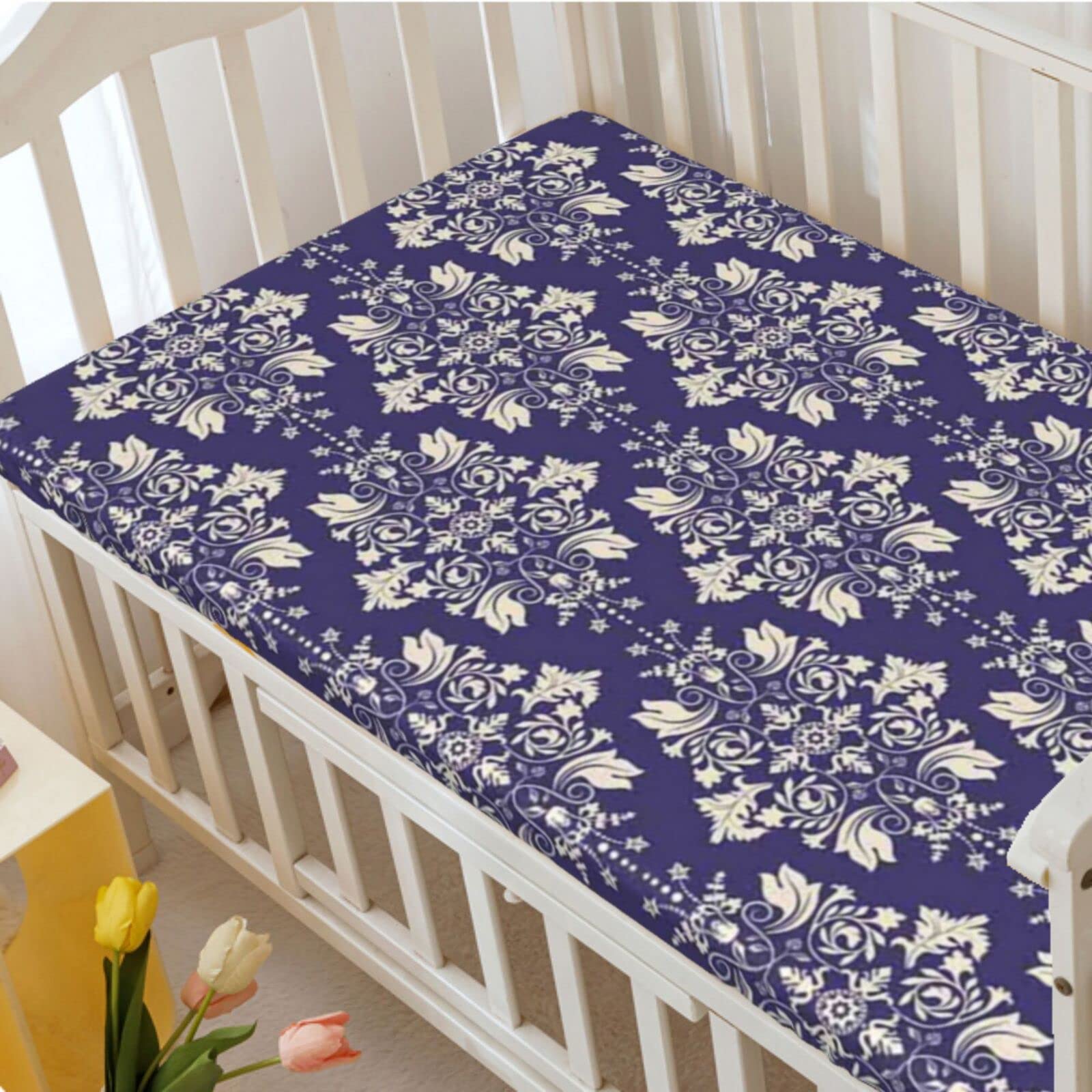 Royal Blue Themed Fitted Mini Crib Sheets,Portable Mini Crib Sheets Ultra Soft Material-Baby Sheet for Boys Girls,24“ x38“,Violet Blue Beige