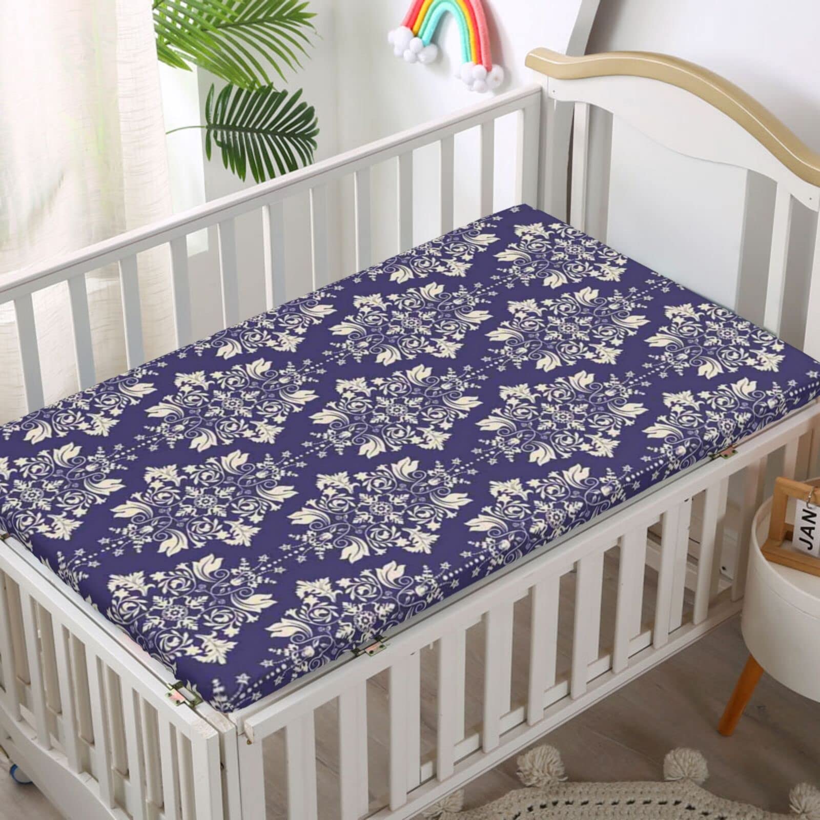 Royal Blue Themed Fitted Mini Crib Sheets,Portable Mini Crib Sheets Ultra Soft Material-Baby Sheet for Boys Girls,24“ x38“,Violet Blue Beige