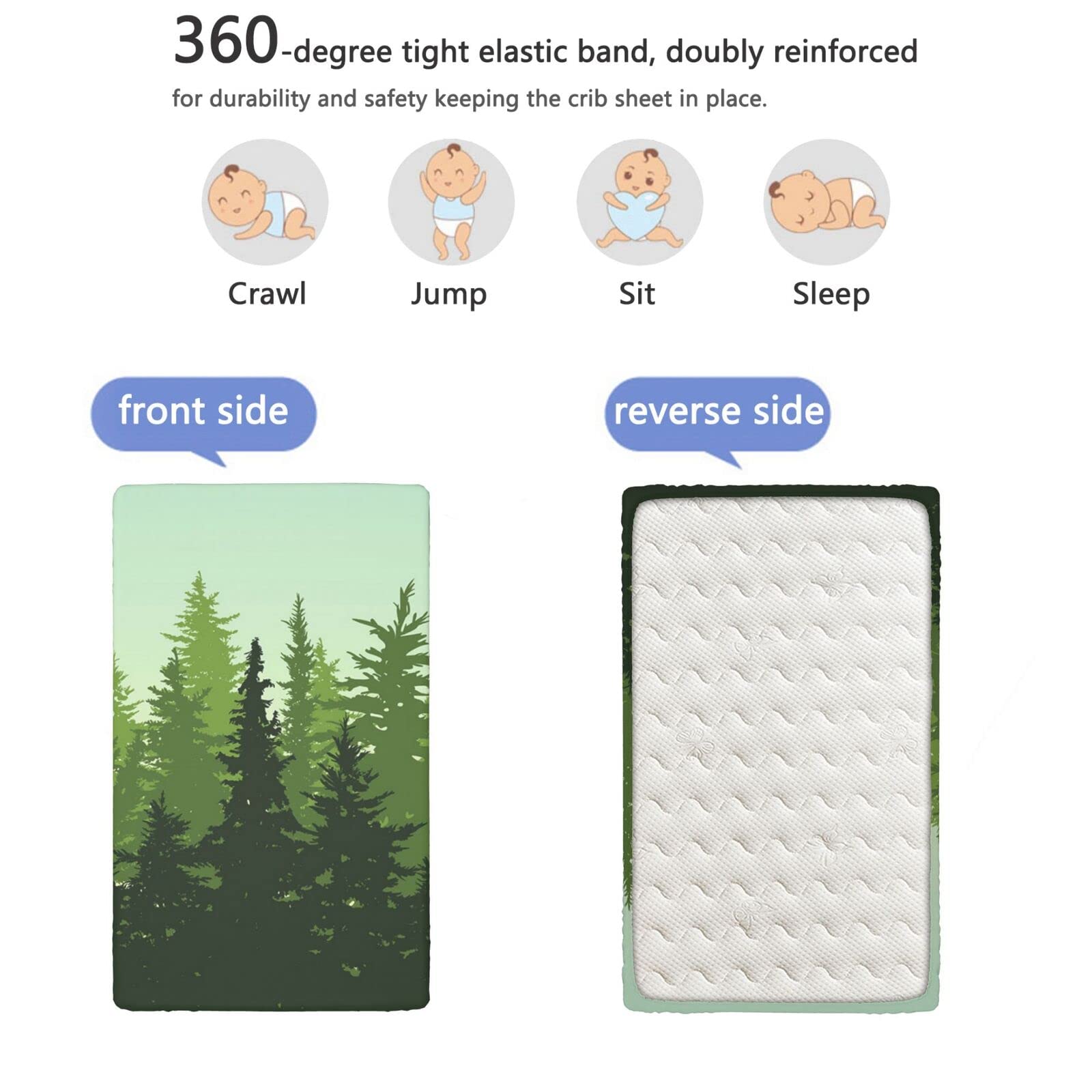 Pine Tree Themed Fitted Mini Crib Sheets,Portable Mini Crib Sheets Soft & Stretchy Fitted Crib Sheet-Great for Boy or Girl Room or Nursery,24“ x38“,Forest Green Mint Green