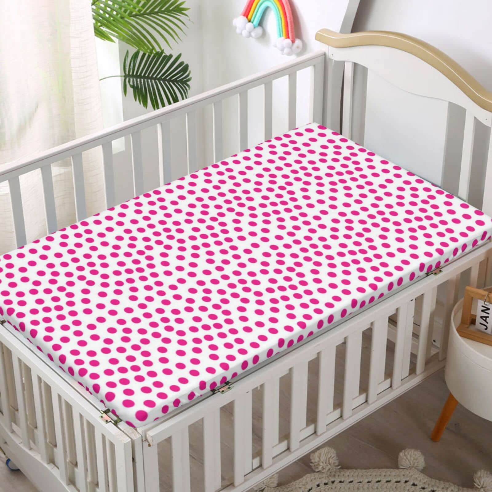 Pink Polka Dots Themed Fitted Crib Sheet,Standard Crib Mattress Fitted Sheet Toddler Bed Mattress Sheets-Baby Crib Sheets for Girl or Boy,28“ x52“,Pink White