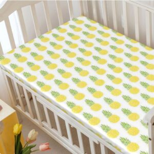 Pineapple Themed Fitted Mini Crib Sheets,Portable Mini Crib Sheets Soft & Stretchy Fitted Crib Sheet-Crib Mattress Sheet or Toddler Bed Sheet,24“ x38“,Yellow Green White