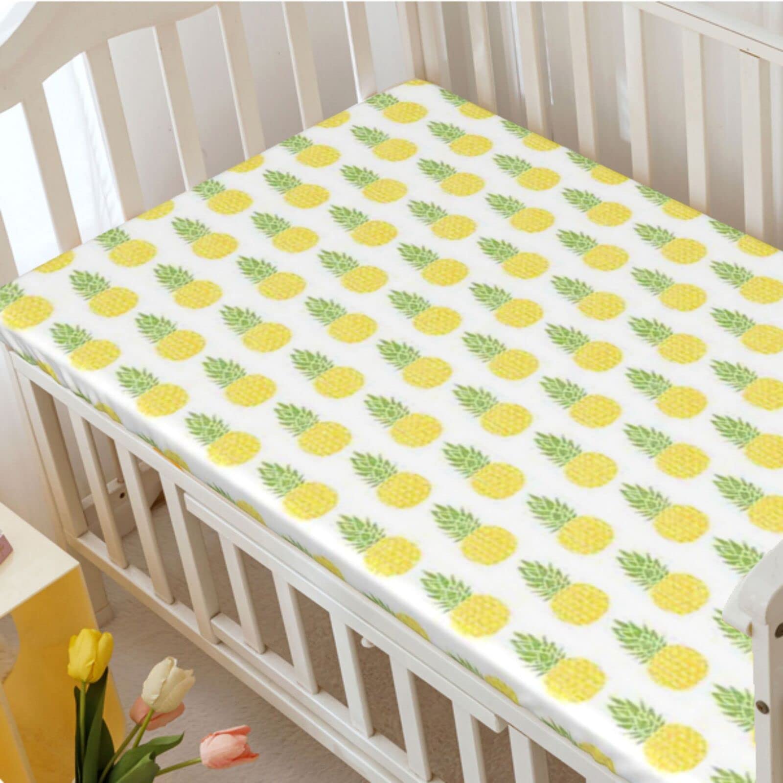 Pineapple Themed Fitted Mini Crib Sheets,Portable Mini Crib Sheets Soft & Stretchy Fitted Crib Sheet-Crib Mattress Sheet or Toddler Bed Sheet,24“ x38“,Yellow Green White