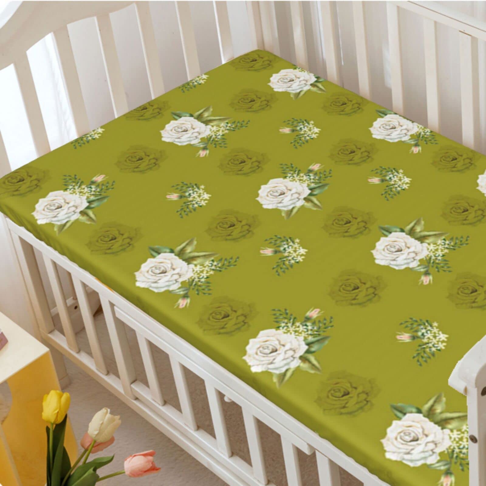 Rose Flower Themed Fitted Mini Crib Sheets,Portable Mini Crib Sheets Soft & Stretchy Fitted Crib Sheet-Crib Mattress Sheet or Toddler Bed Sheet,24“ x38“,Dark Khaki Olive Green