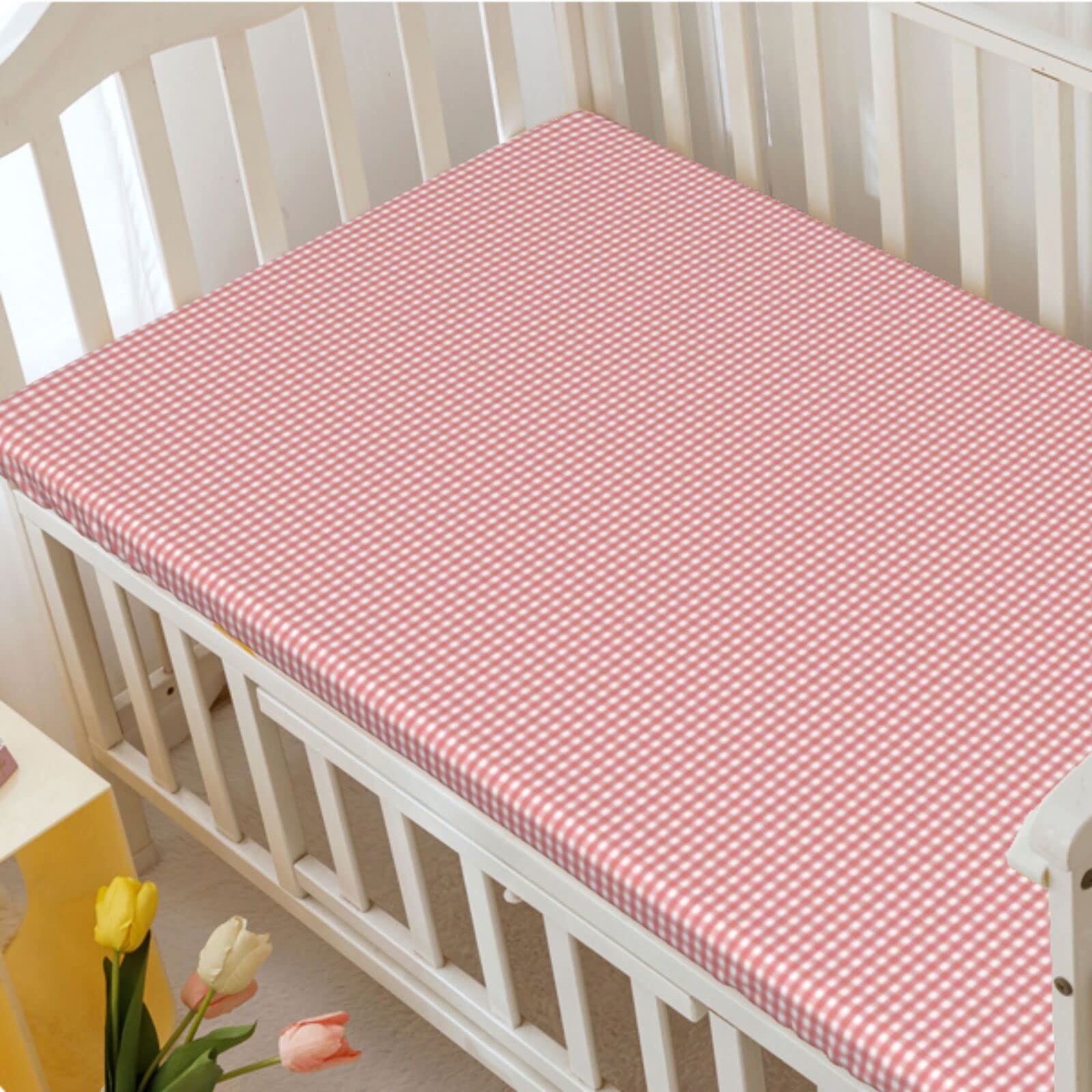 Pink Gingham Themed Fitted Crib Sheet,Standard Crib Mattress Fitted Sheet Soft and Breathable Bed Sheets-Great for Boy or Girl Room or Nursery,28“ x52“,Blush Dried Rose