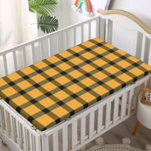 Plaid Themed Fitted Mini Crib Sheets,Portable Mini Crib Sheets Toddler Bed Mattress Sheets-Crib Mattress Sheet or Toddler Bed Sheet,24“ x38“,Black and Pale Orange