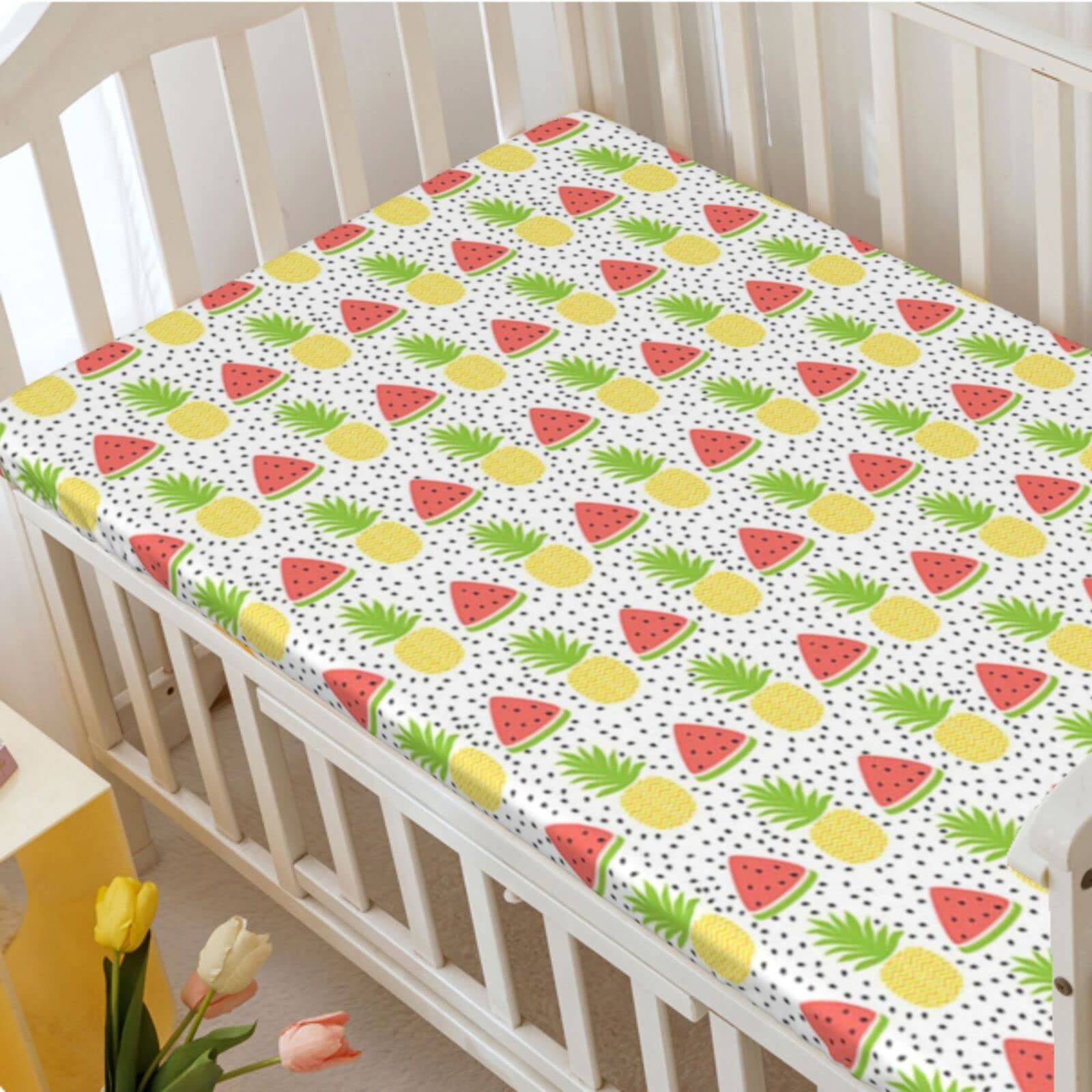 Pineapple Themed Fitted Crib Sheet,Standard Crib Mattress Fitted Sheet Soft and Breathable Bed Sheets-Baby Sheet for Boys Girls,28“ x52“,Coral Green Charcoal Grey and Yellow