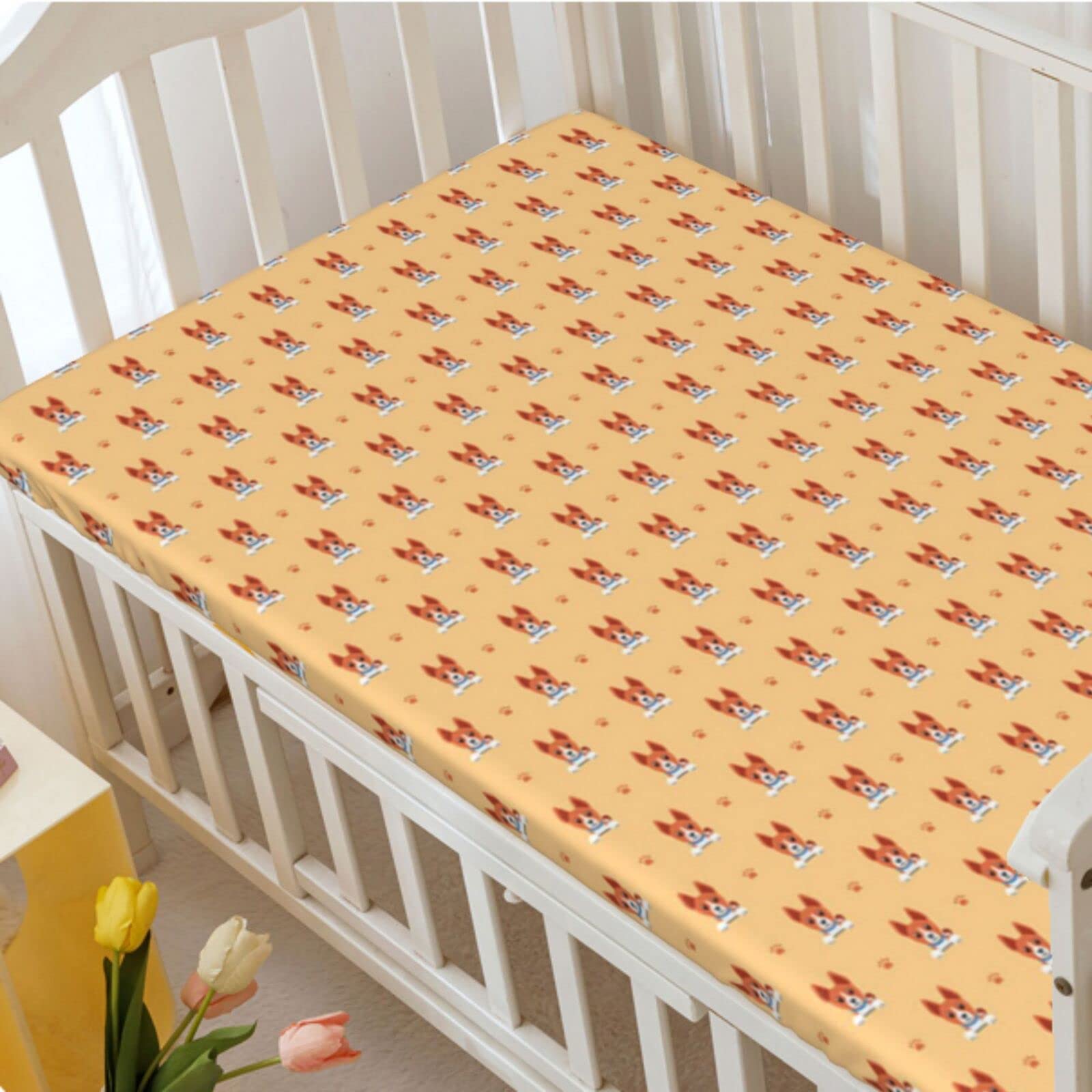 Puppy Themed Fitted Mini Crib Sheets,Portable Mini Crib Sheets Toddler Bed Mattress Sheets-Crib Mattress Sheet or Toddler Bed Sheet,24“ x38“,Pastel Brown Pale Vermilion White