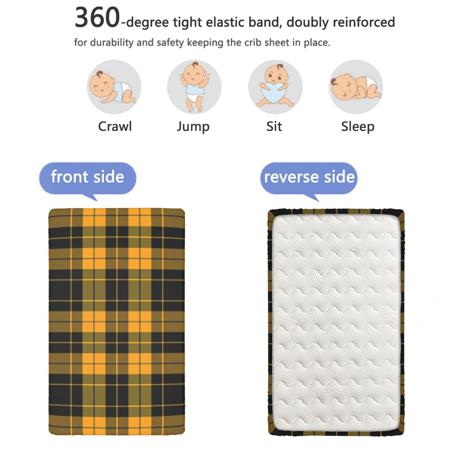 Plaid Themed Fitted Mini Crib Sheets,Portable Mini Crib Sheets Soft Toddler Mattress Sheet Fitted-Baby Crib Sheets for Girl or Boy,24“ x38“,Black and Orange