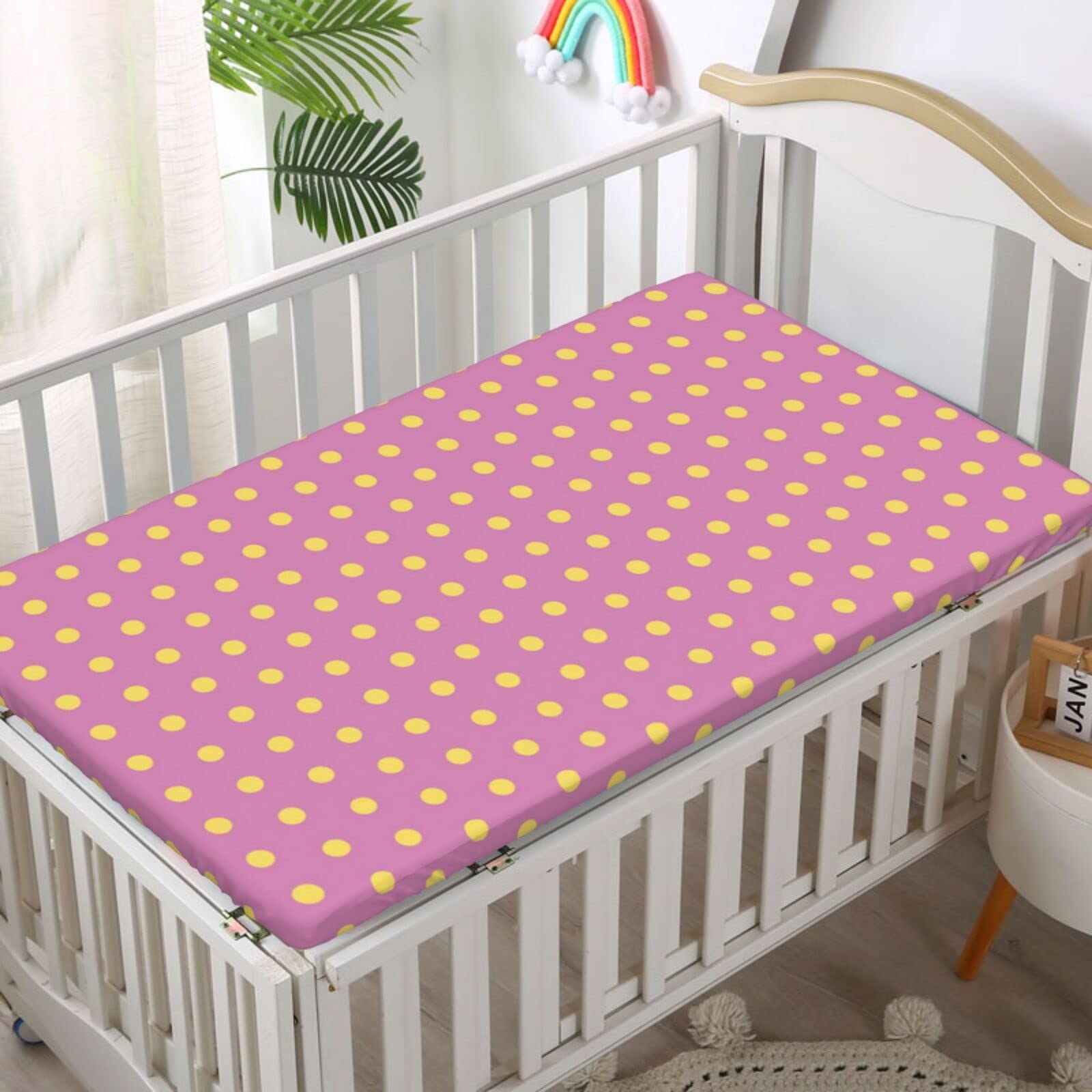 Polka Dot Themed Fitted Mini Crib Sheets,Portable Mini Crib Sheets Soft & Stretchy Fitted Crib Sheet-Baby Sheet for Boys Girls,24“ x38“,Mustard Pale Fuchsia