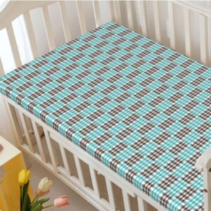 Plaid Themed Fitted Mini Crib Sheets,Portable Mini Crib Sheets Soft and Breathable Bed Sheets-Crib Mattress Sheet or Toddler Bed Sheet,24“ x38“,Dark Brown Seafoam White