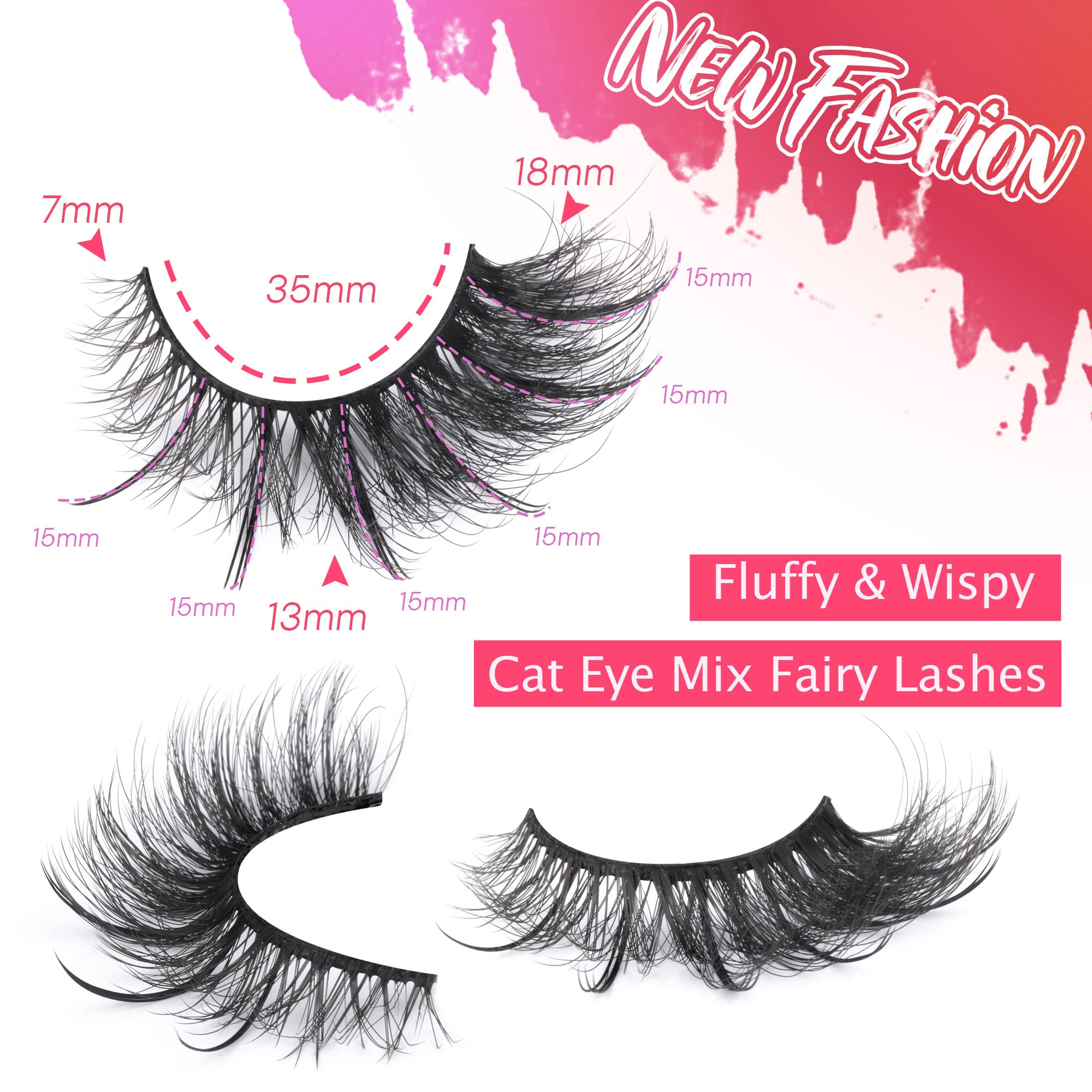 Mink Lashes Fluffy Fairy Cat Eye Lashes Wispy False Eyelashes Pack 18MM Natural False Lashes that Look Like Extensions 8 Pairs by Ruairie