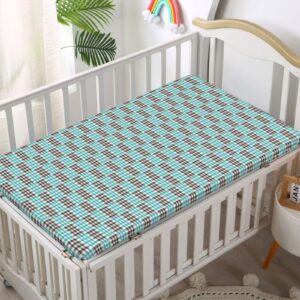 Plaid Themed Fitted Mini Crib Sheets,Portable Mini Crib Sheets Soft and Breathable Bed Sheets-Crib Mattress Sheet or Toddler Bed Sheet,24“ x38“,Dark Brown Seafoam White