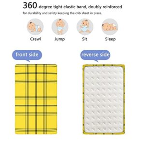 Plaid Themed Fitted Mini Crib Sheets,Portable Mini Crib Sheets Toddler Bed Mattress Sheets-Baby Sheet for Boys Girls,24“ x38“,Yellow and Charcoal Grey