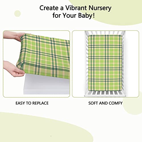 Plaid Themed Fitted Mini Crib Sheets,Portable Mini Crib Sheets Toddler Bed Mattress Sheets-Great for Boy or Girl Room or Nursery,24“ x38“,Beige Green Hunter Green