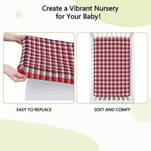 Plaid Themed Fitted Mini Crib Sheets,Portable Mini Crib Sheets Ultra Soft Material-Baby Sheet for Boys Girls,24“ x38“,Vermilion Dark Blue White