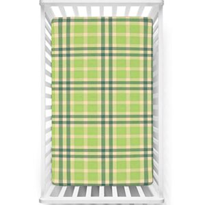 plaid themed fitted mini crib sheets,portable mini crib sheets toddler bed mattress sheets-great for boy or girl room or nursery,24“ x38“,beige green hunter green