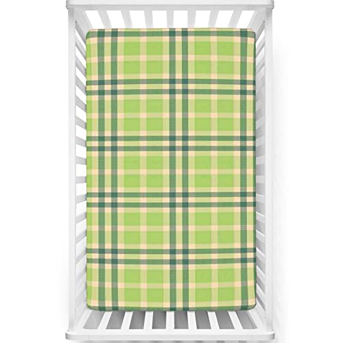 Plaid Themed Fitted Mini Crib Sheets,Portable Mini Crib Sheets Toddler Bed Mattress Sheets-Great for Boy or Girl Room or Nursery,24“ x38“,Beige Green Hunter Green