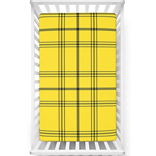 Plaid Themed Fitted Mini Crib Sheets,Portable Mini Crib Sheets Toddler Bed Mattress Sheets-Baby Sheet for Boys Girls,24“ x38“,Yellow and Charcoal Grey