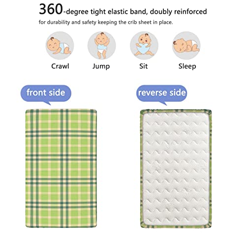 Plaid Themed Fitted Mini Crib Sheets,Portable Mini Crib Sheets Toddler Bed Mattress Sheets-Great for Boy or Girl Room or Nursery,24“ x38“,Beige Green Hunter Green