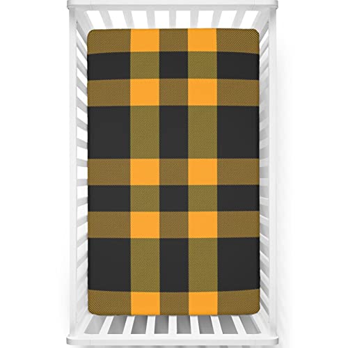 Plaid Themed Fitted Crib Sheet,Standard Crib Mattress Fitted Sheet Soft Toddler Mattress Sheet Fitted-Crib Mattress Sheet or Toddler Bed Sheet,28“ x52“,Black and Orange