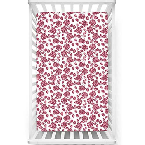 Rose Themed Fitted Mini Crib Sheets,Portable Mini Crib Sheets Ultra Soft Material-Crib Mattress Sheet or Toddler Bed Sheet,24“ x38“,Pale Maroon White