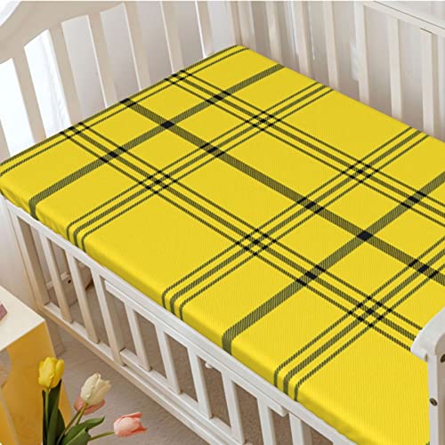 Plaid Themed Fitted Mini Crib Sheets,Portable Mini Crib Sheets Toddler Bed Mattress Sheets-Baby Sheet for Boys Girls,24“ x38“,Yellow and Charcoal Grey