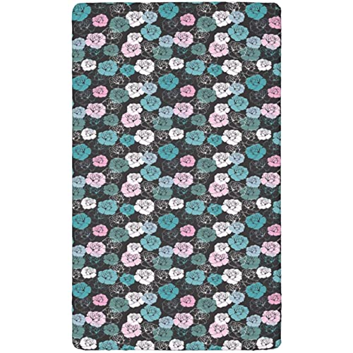 Roses Themed Fitted Crib Sheet,Standard Crib Mattress Fitted Sheet Soft & Stretchy Fitted Crib Sheet-Crib Mattress Sheet or Toddler Bed Sheet,28“ x52“,Baby Pink Cadet Blue