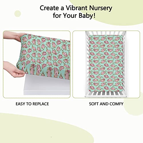 Peony Themed Fitted Mini Crib Sheets,Portable Mini Crib Sheets Toddler Bed Mattress Sheets-Great for Boy or Girl Room or Nursery,24“ x38“,Pale Seafoam Dried Rose Warm Taupe