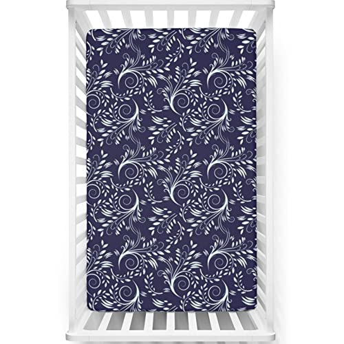 Royal Blue Themed Fitted Mini Crib Sheets,Portable Mini Crib Sheets Soft and Breathable Bed Sheets-Baby Sheet for Boys Girls,24“ x38“,Indigo White