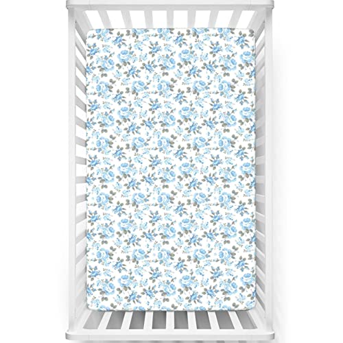 Rose Themed Fitted Crib Sheet,Standard Crib Mattress Fitted Sheet Soft and Breathable Bed Sheets-Baby Crib Sheets for Girl or Boy,28“ x52“,Pale Azure Blue White