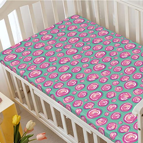 Pink Polka Dots Themed Fitted Mini Crib Sheets,Portable Mini Crib Sheets Soft & Stretchy Fitted Crib Sheet-Great for Boy or Girl Room or Nursery,24“ x38“,Pink Pale Pink Sea Green White