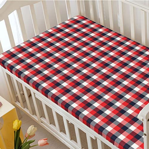 Plaid Themed Fitted Mini Crib Sheets,Portable Mini Crib Sheets Ultra Soft Material-Baby Sheet for Boys Girls,24“ x38“,Vermilion Dark Blue White