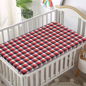 Plaid Themed Fitted Mini Crib Sheets,Portable Mini Crib Sheets Ultra Soft Material-Baby Sheet for Boys Girls,24“ x38“,Vermilion Dark Blue White